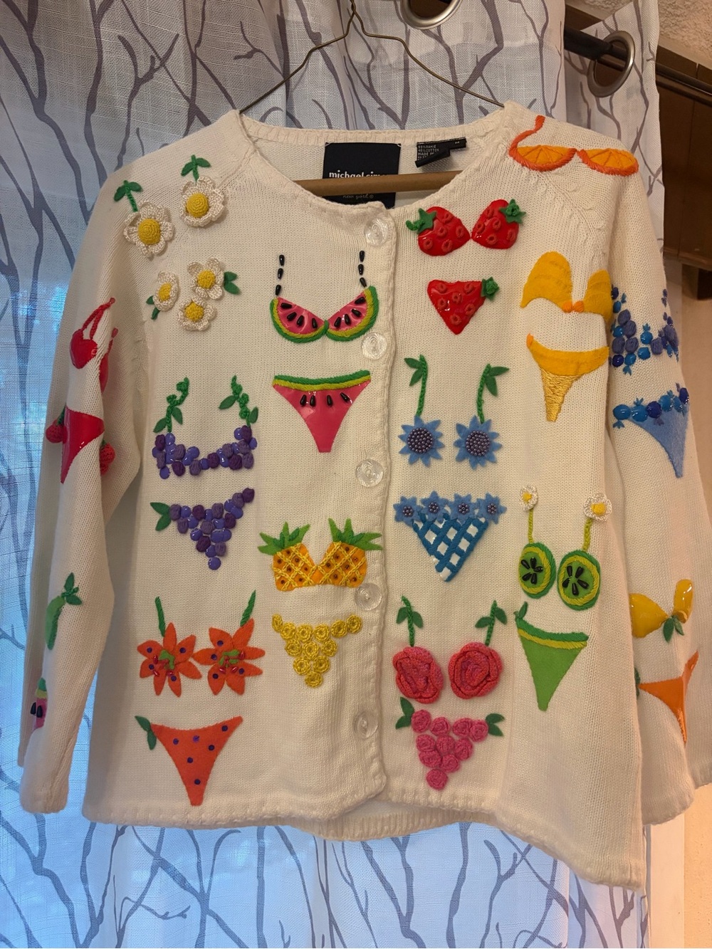 Michael Simon White Cardigan with Colorful Fruit & Bikini Appliqués